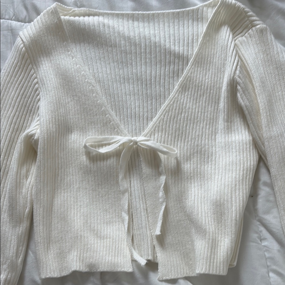 Capezio Cream Ribbed Cardigan Front Tie Sweater
